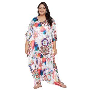 Women Plus Size Floral Printed White Satin Kaftan Maxi Dress by Gypsie Blu